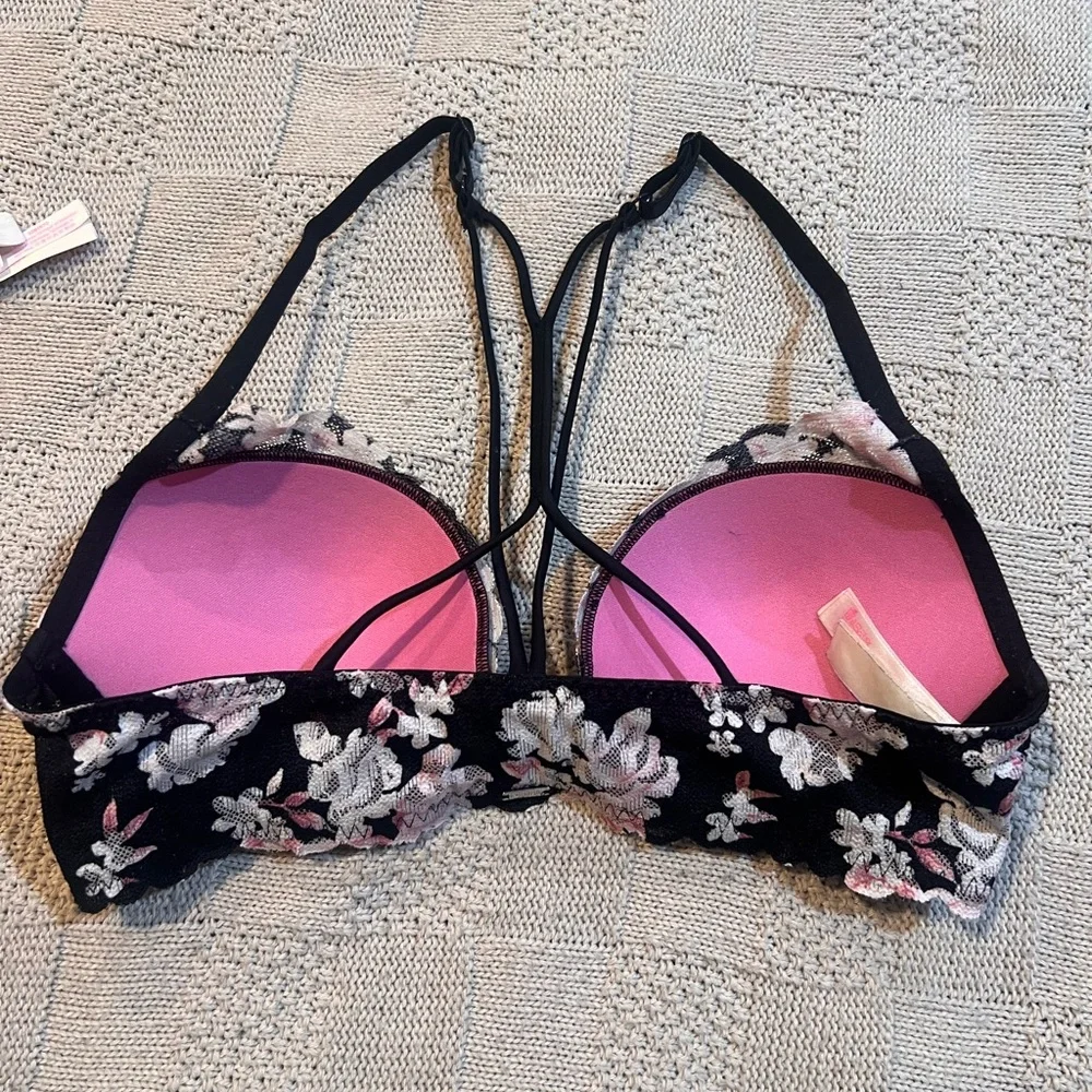 PINK Victoria's Secret Black Floral Lace Strappy Push-Up Bra